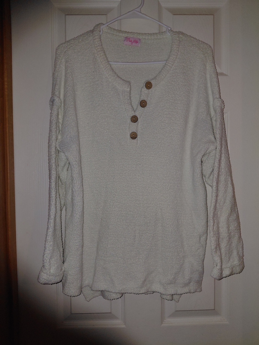 Pink Lily Ivory Button-Front Fuzzy Henley Sweatshirt